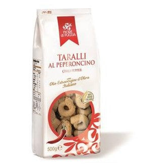 Taralli di Puglia al peperoncino, 500 gr, snack tipico della tradizione pugliese, confezione da 500g.
