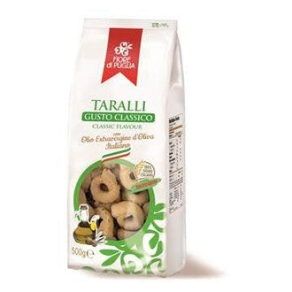 Taralli di Puglia 500g pack, classic flavor, made with extra virgin olive oil and traditional recipe.