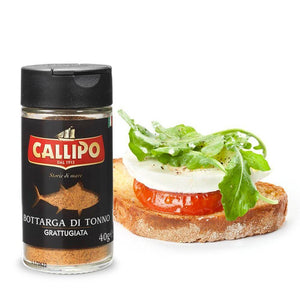 Bottarga di Tonno - Grattugiata packaged by Callipo with a gourmet bruschetta topping.