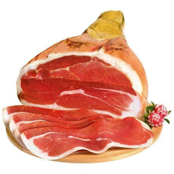 Prosciutto Crudo Calabrese, sliced and whole, displayed on a wooden platter with herbs.