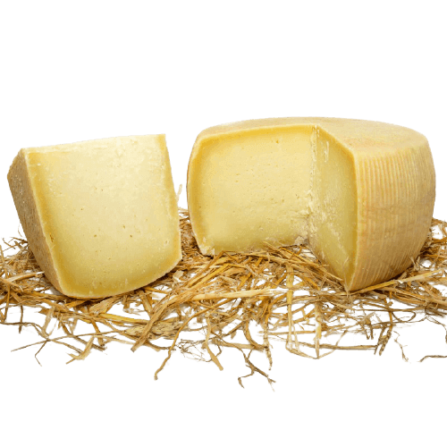 Eolo 350 gr - Affinato allo Olio di Oliva Rustico cheese on straw, showcasing a semi-aged texture.
