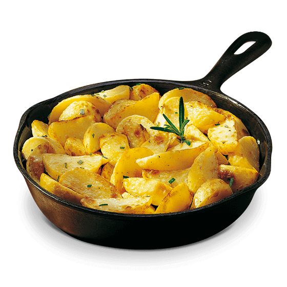 Patate d' Aspromonte cotte in padella con rosmarino su sfondo trasparente.