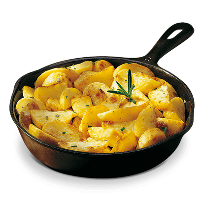 Patate d' Aspromonte cotte in padella con rosmarino su sfondo trasparente.
