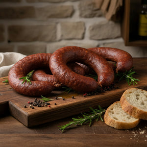 Salsiccia Grecanica calabrais stagionata ed affumicata naturalmente con fette su sfondo bianco.