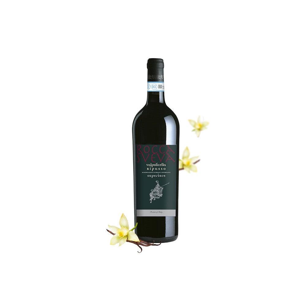 Vino Rosso - Val Policella DOC Superiore Ripasso 0.75 l bottle with floral accents, showcasing its rich flavor profile.